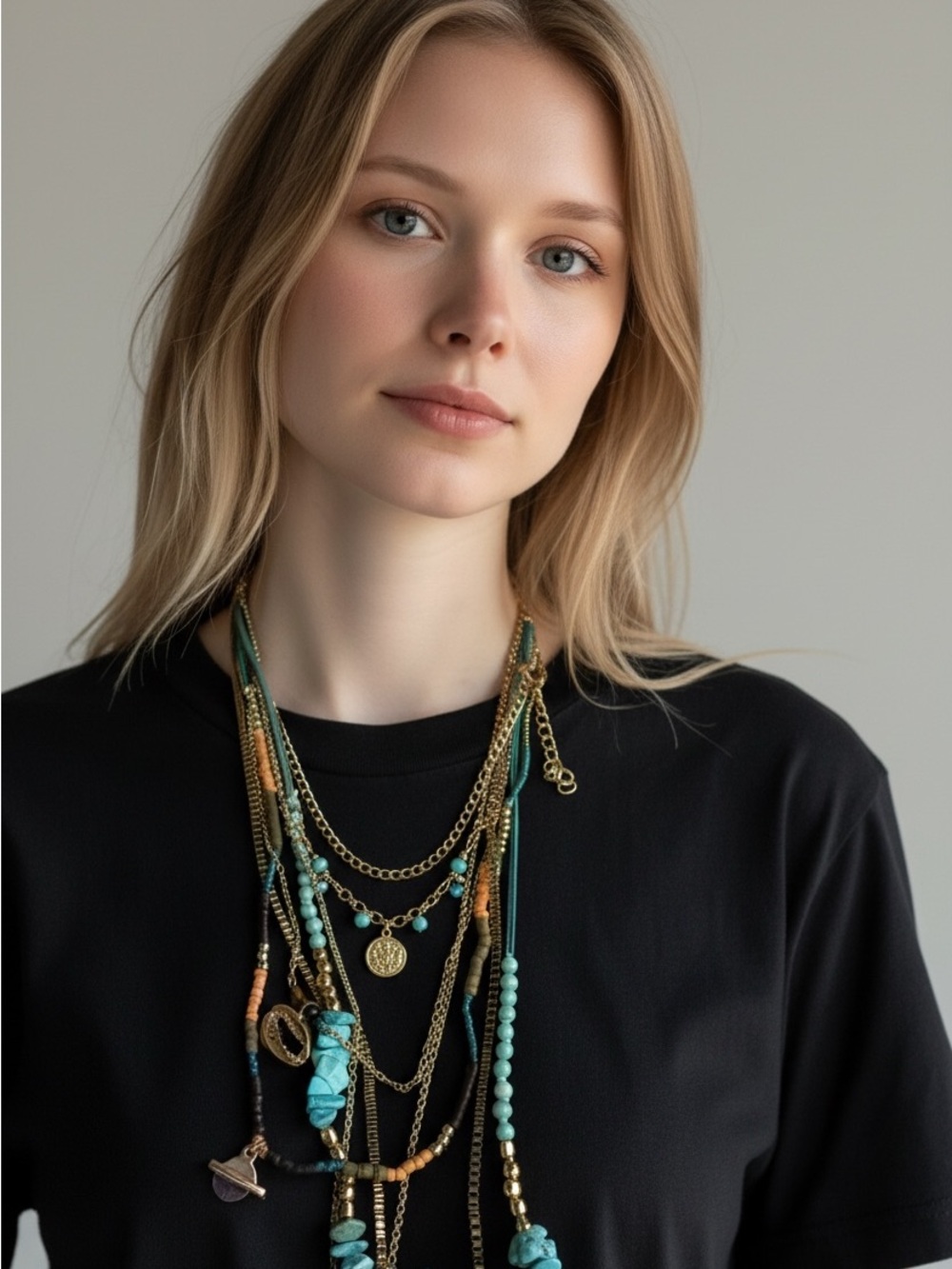 10/16 Multi-Strand Turquoise and Gold Layered Necklace - Women Jewelry